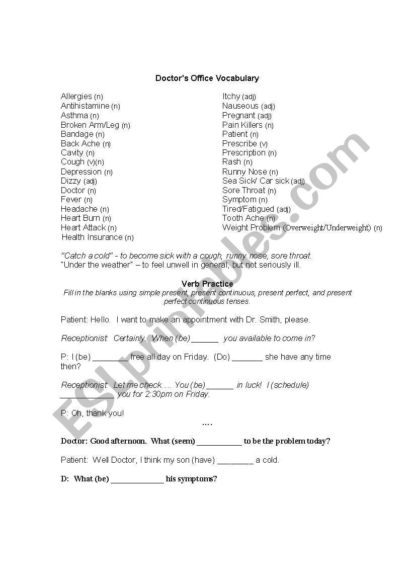 Doctor Vocabulary Handout worksheet