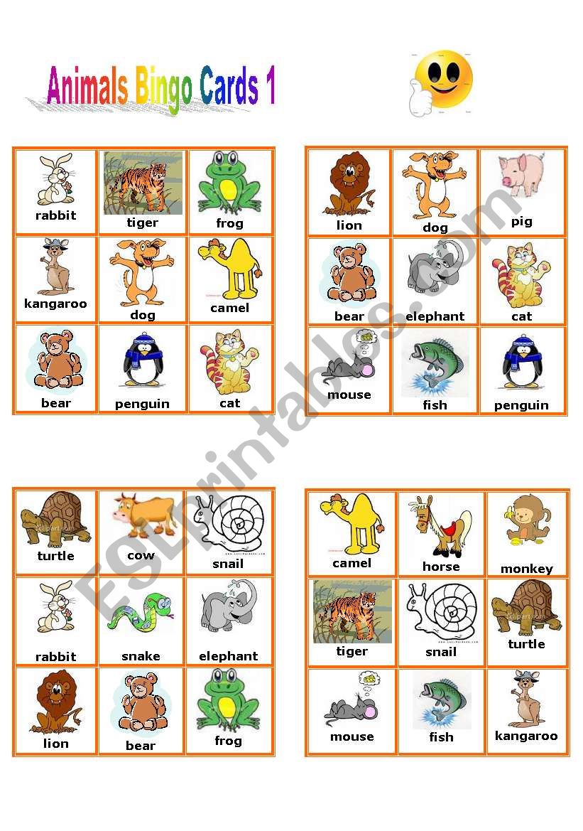 Animal Bingo Cards 1/3 worksheet