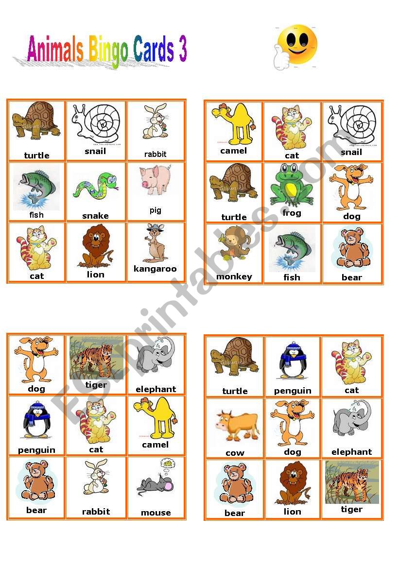 Animals Bingo Cards 3/3 - ESL worksheet by petili