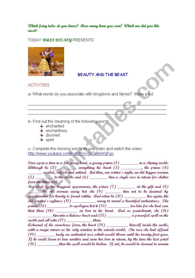 Beauty and the beast worksheet
