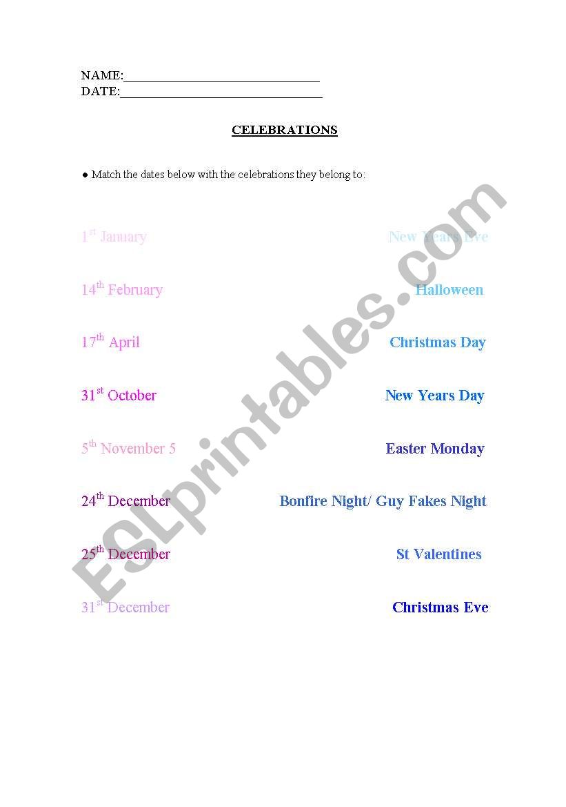 Celebrations worksheet