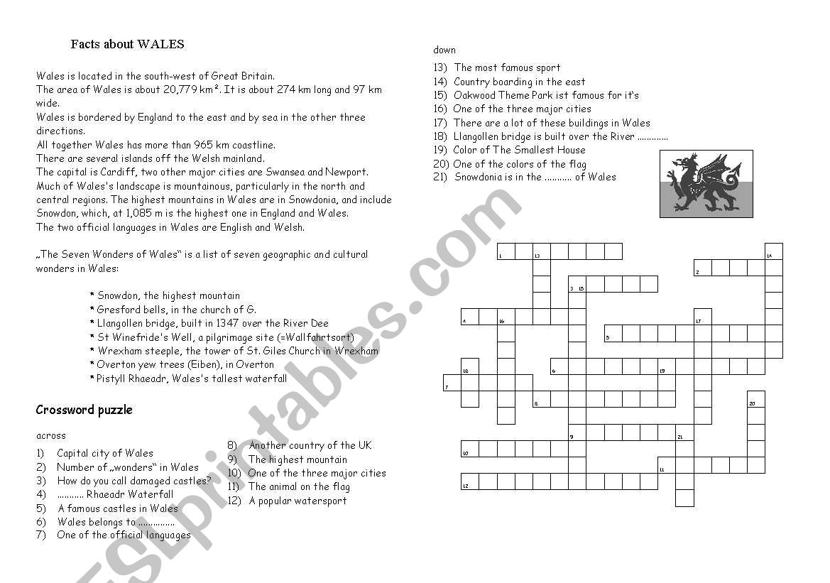 Wales: Facts Crossword ESL worksheet by lady ogrady