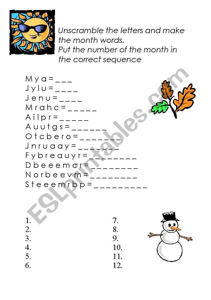 months worksheet