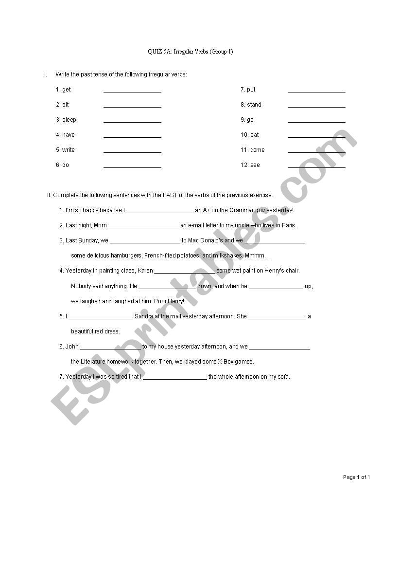 Irregular Verbs worksheet