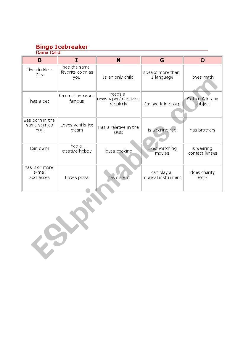 BINGO  worksheet