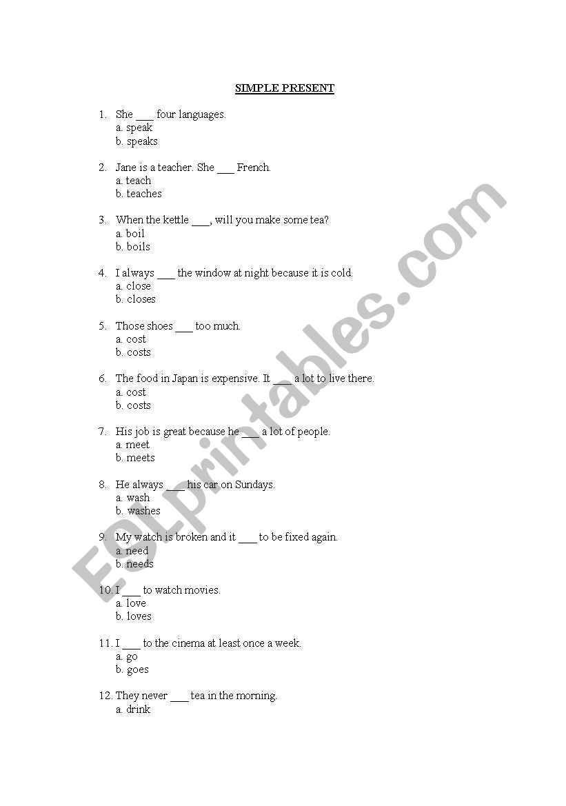 SIMPLE PRESENT TENSE worksheet