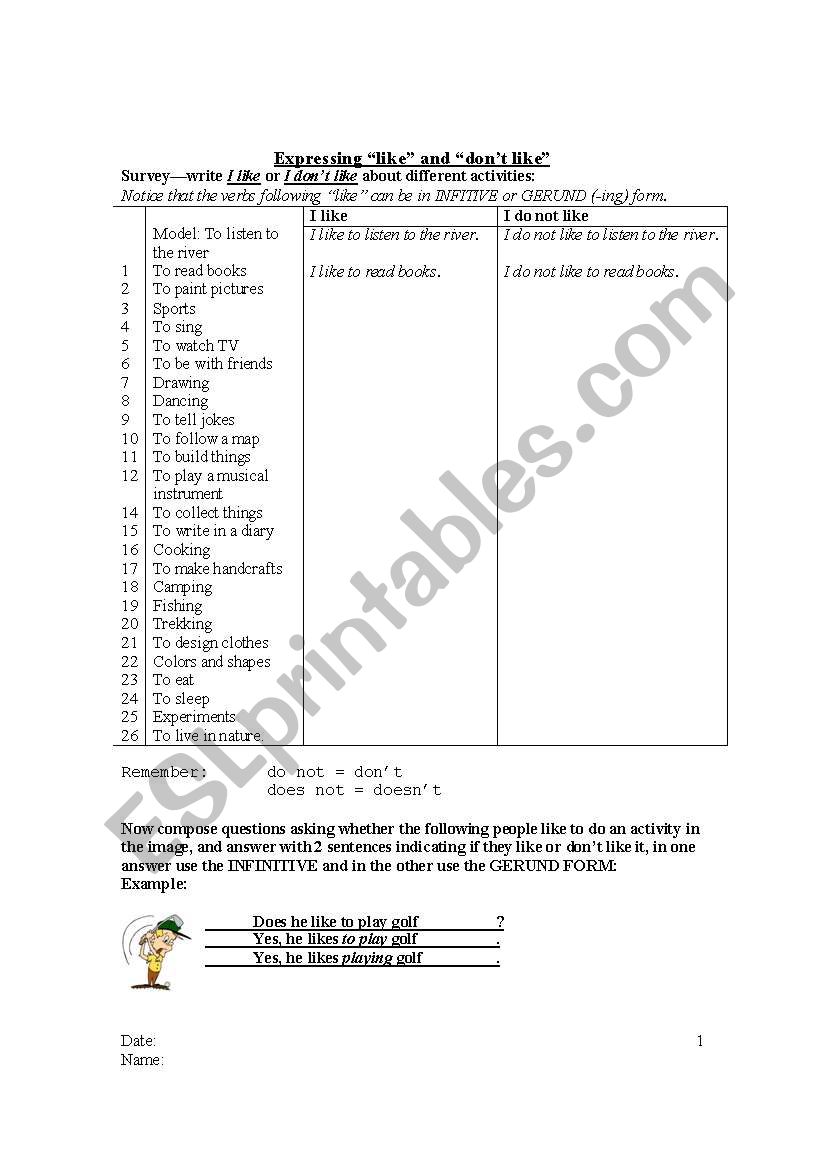 Expressing Like/Dont like worksheet