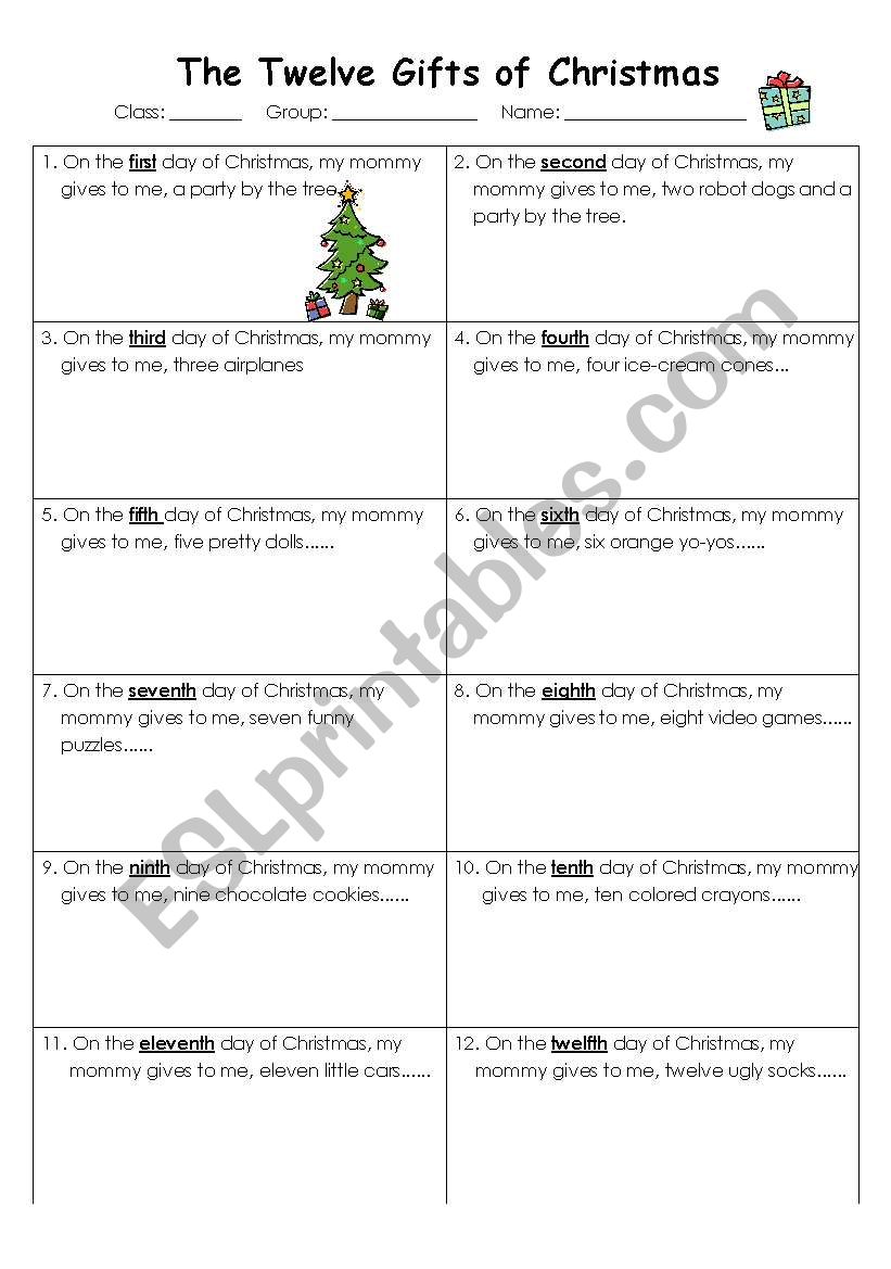 The Twelve Gift of Christmas worksheet