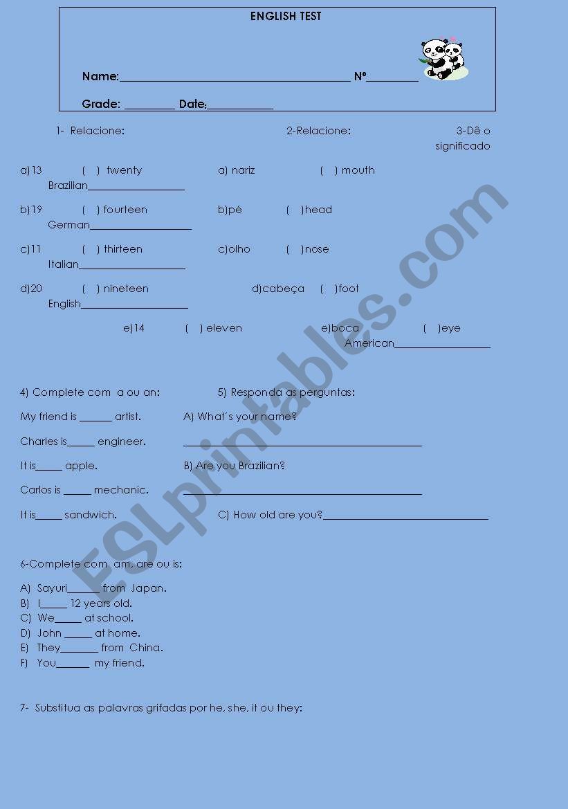 English Test worksheet