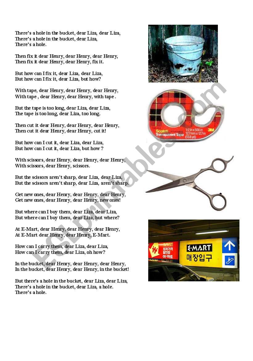 English worksheets There´s a Hole in the Bucket Song