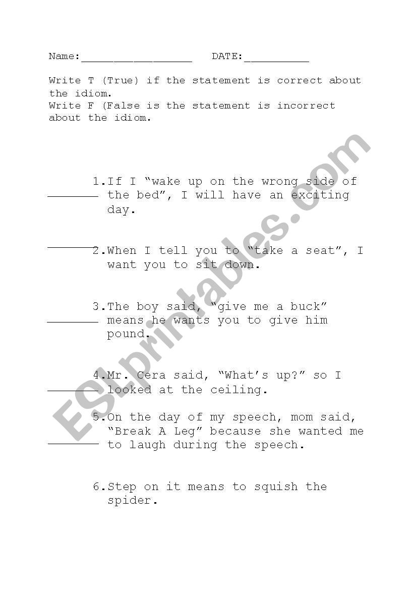 T or F about idioms worksheet