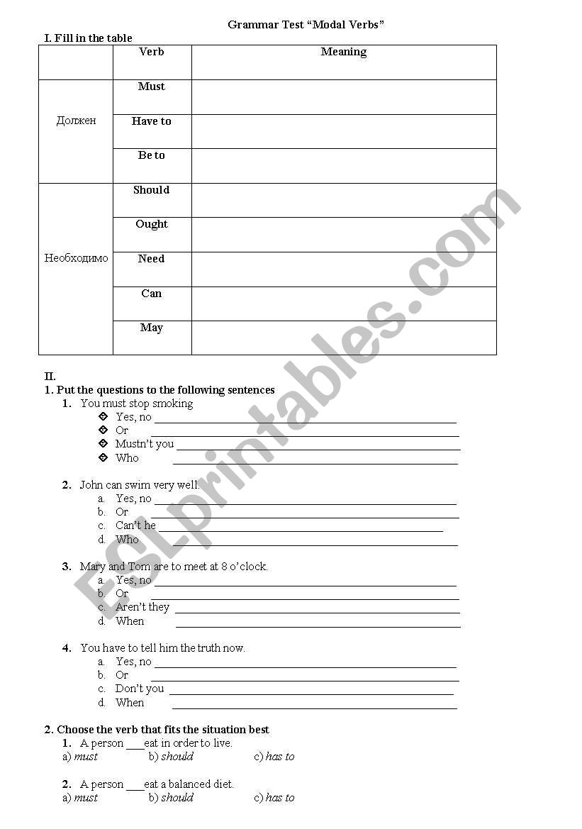 Grammar Test on Modal Verbs worksheet