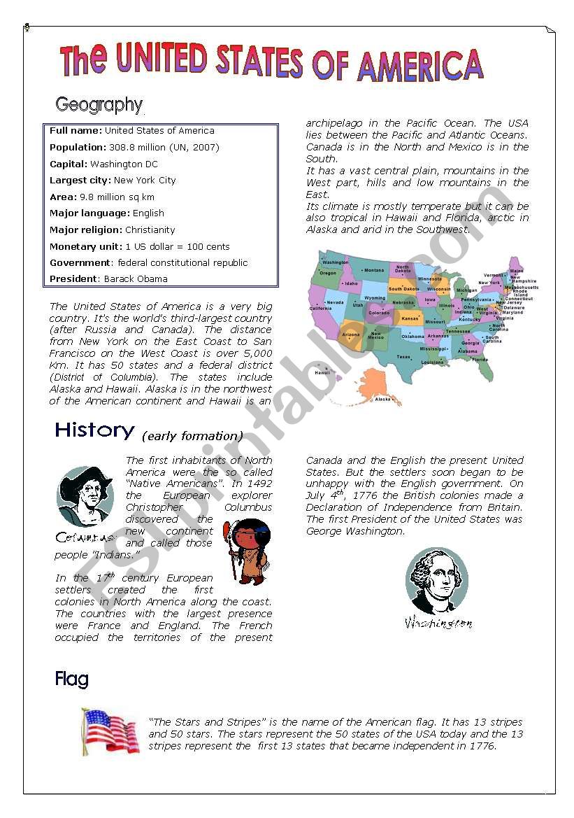 The United States Of America ESL Worksheet By Anneclaire