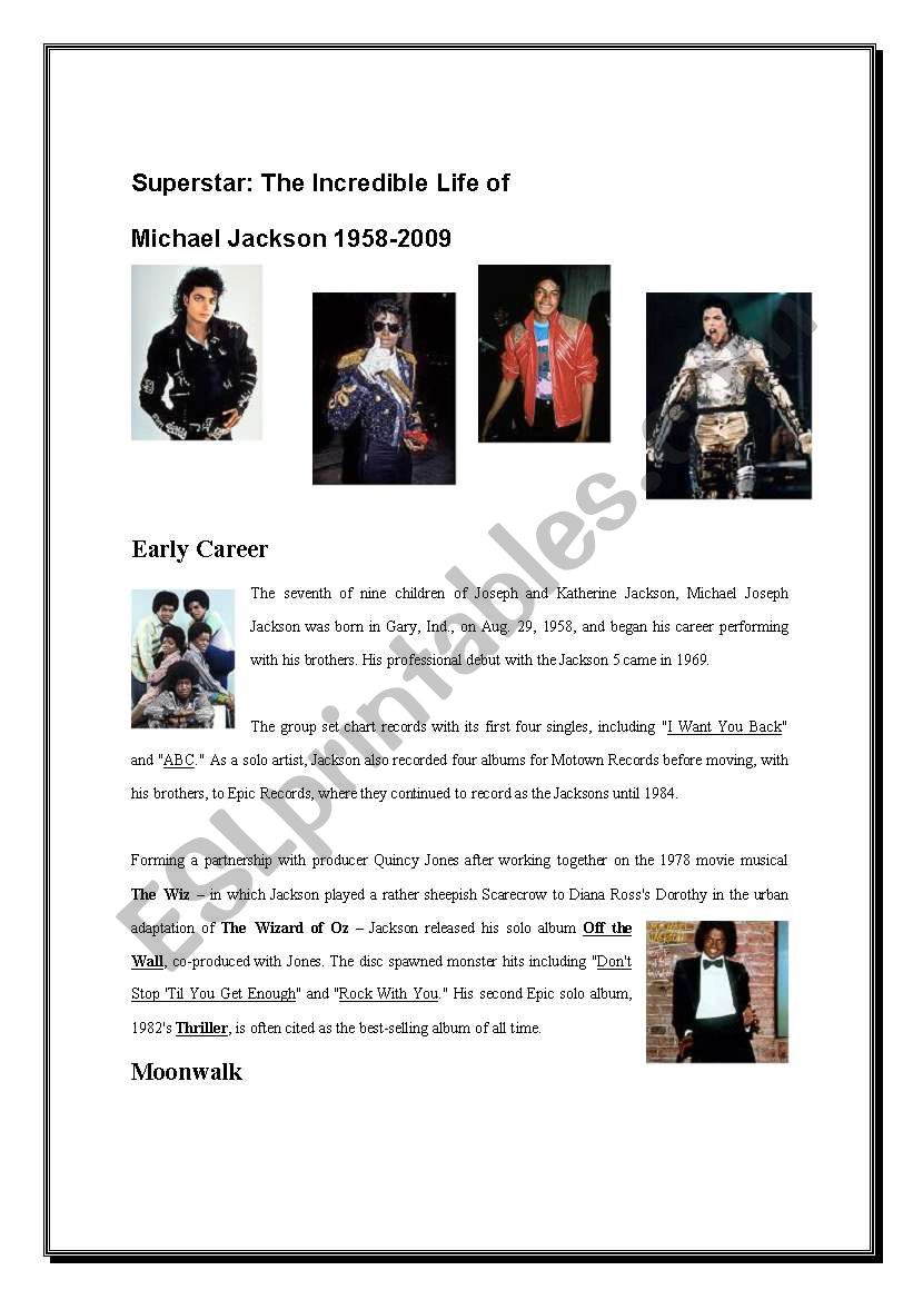 The life of Michael Jackson worksheet