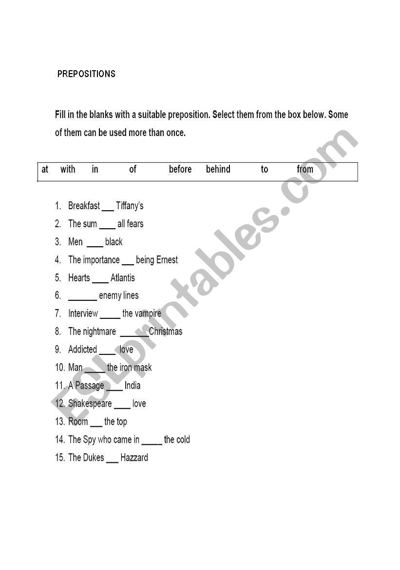 Prepositions worksheet