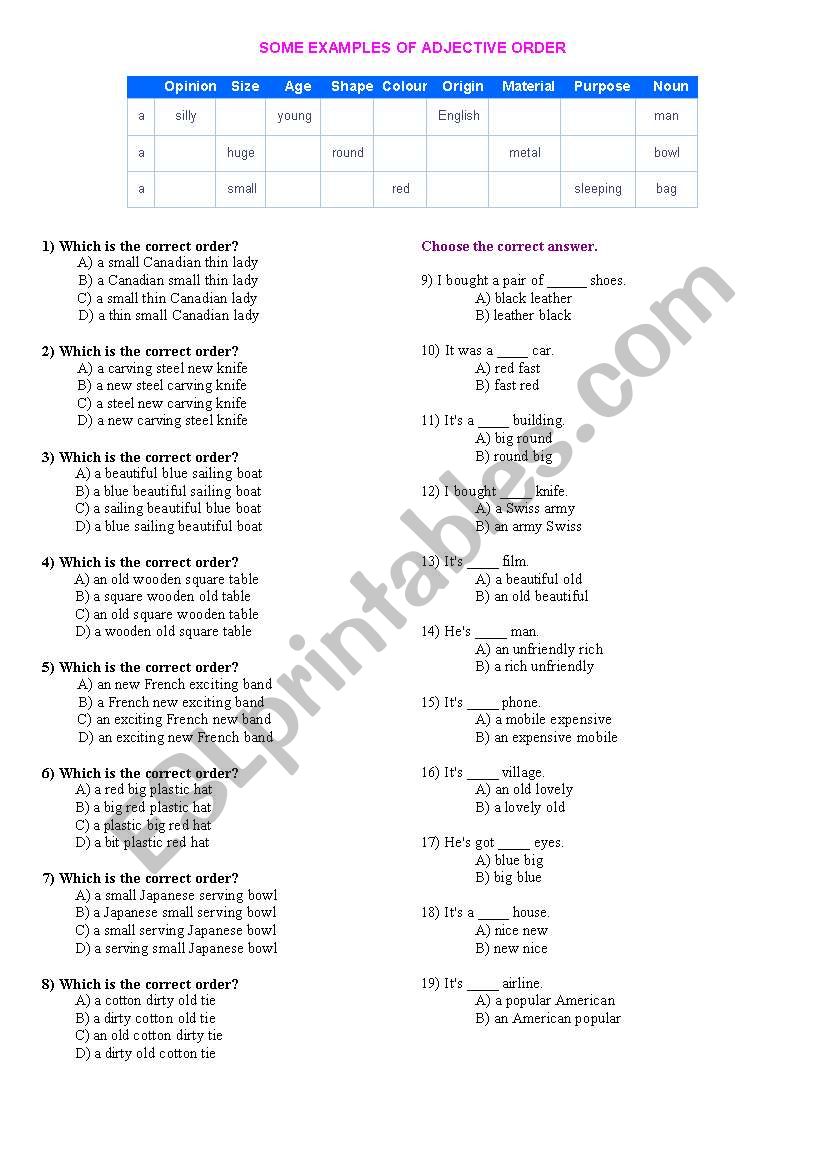 ORDER OF ADJECTIVES TEST ESL Worksheet By Newage