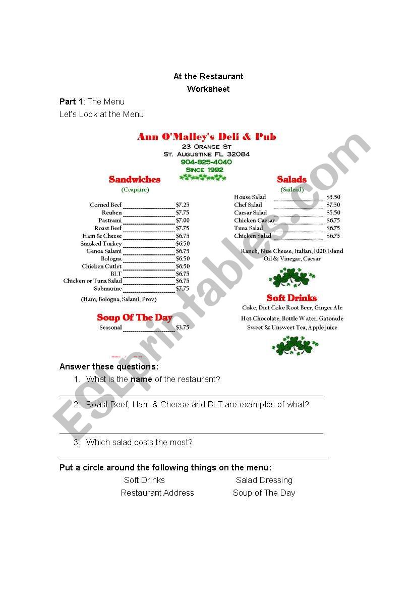 Restaurant learning  worksheet