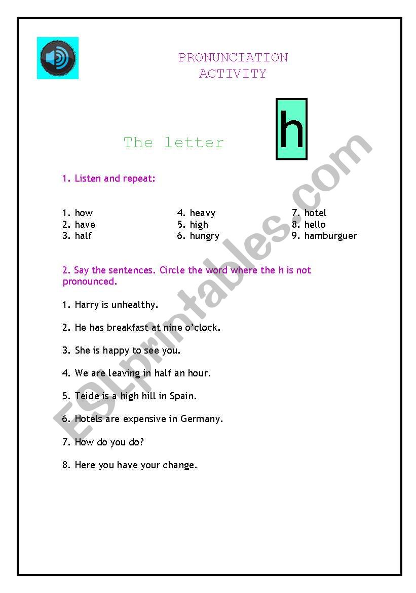 THE LETTER H worksheet