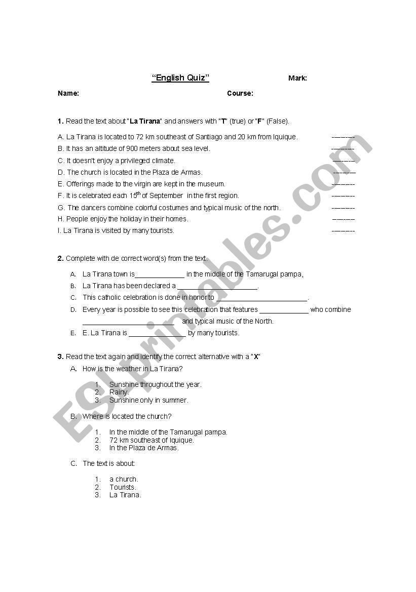 Celebrations quiz worksheet