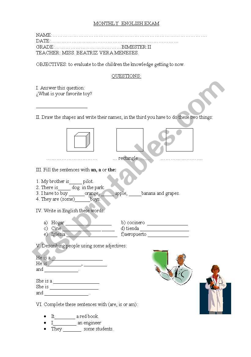 exam of articles, verb to be, toys, shapes