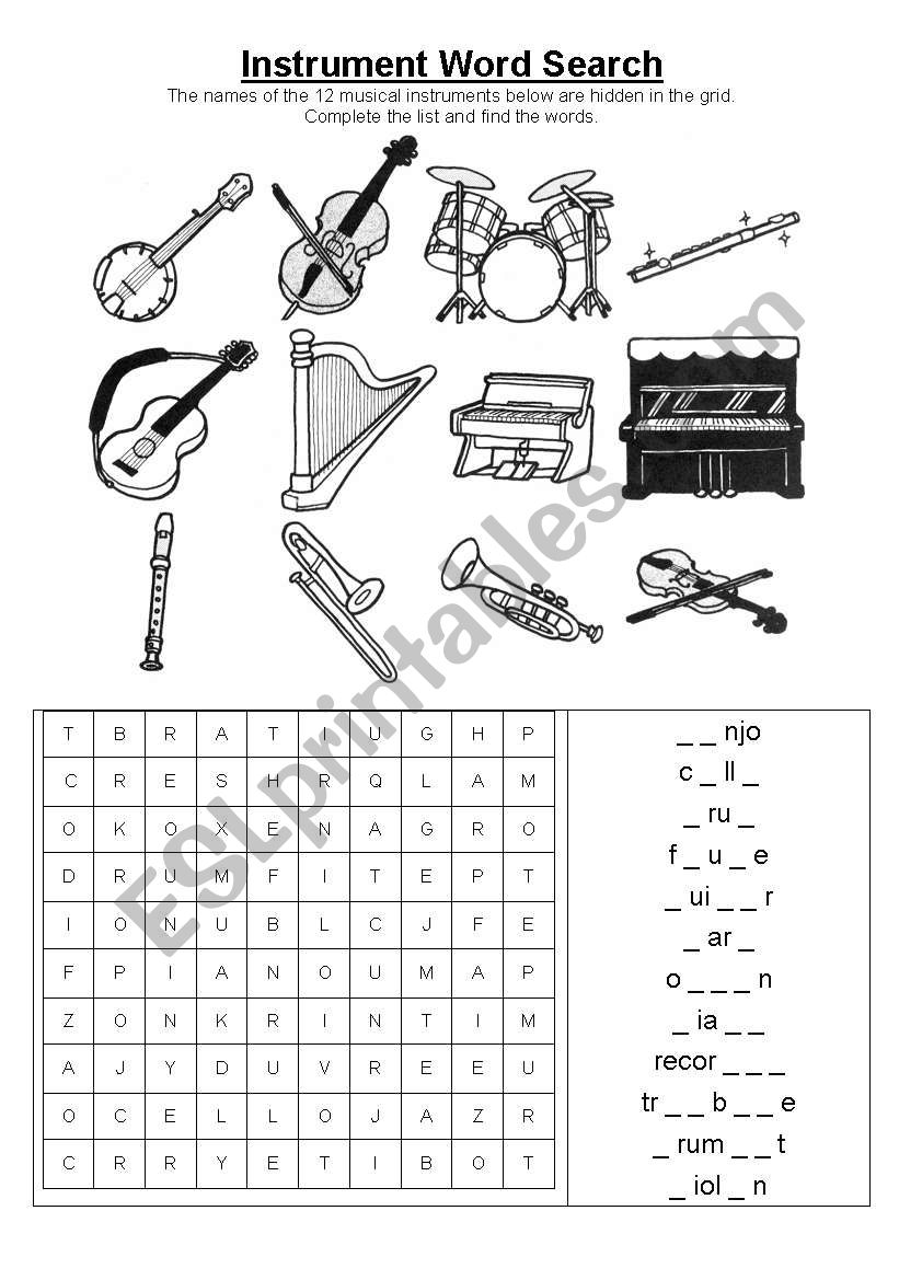 Musical Instrument Word Search ESL Worksheet By Llanelli14