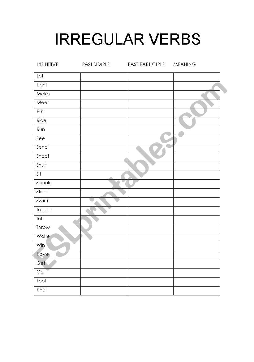 irregular verbs test worksheet