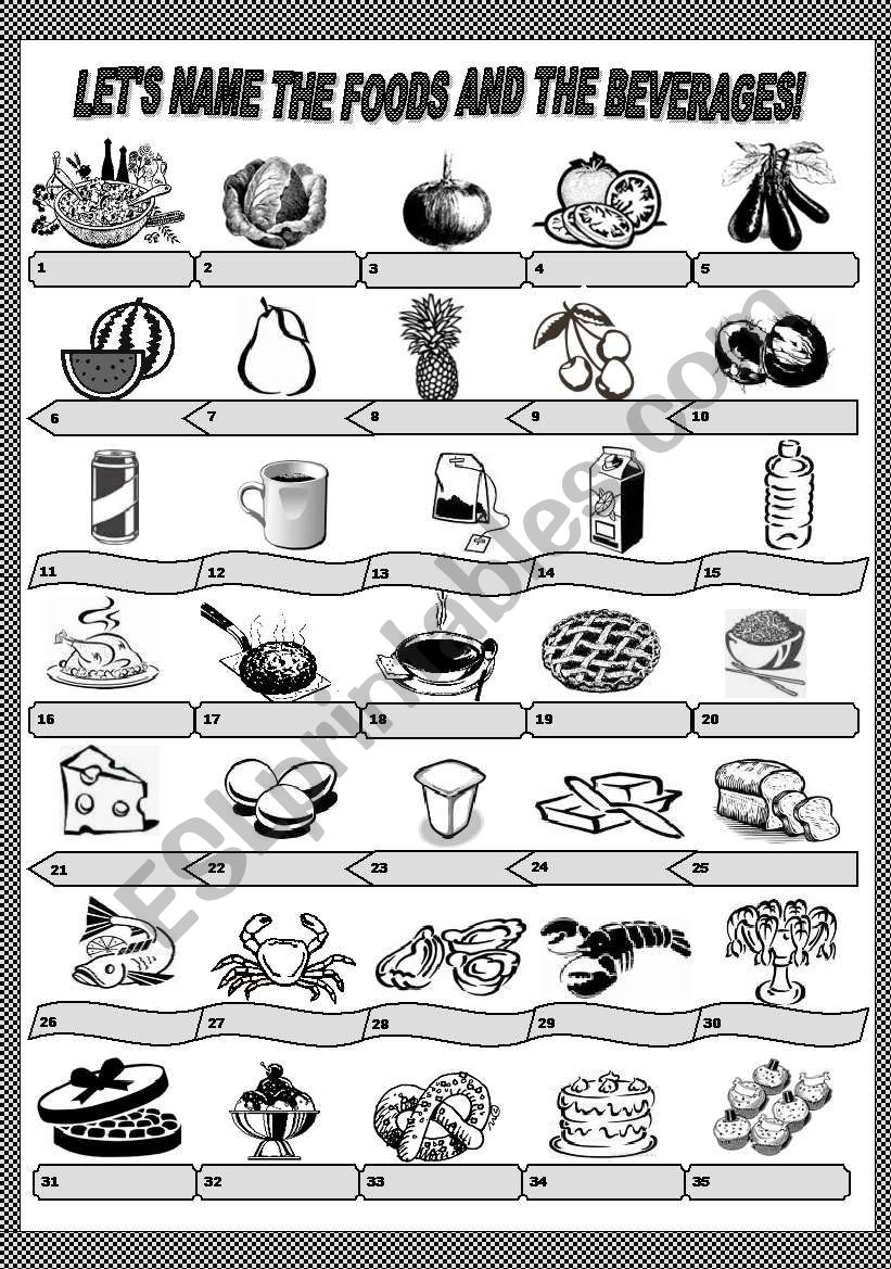 LET´S NAME THE FOODS AND THE BEVERAGES - ESL worksheet by Thalia Gralik