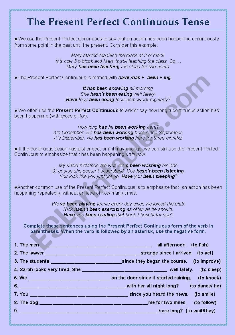 Present Perfect Continuous worksheet