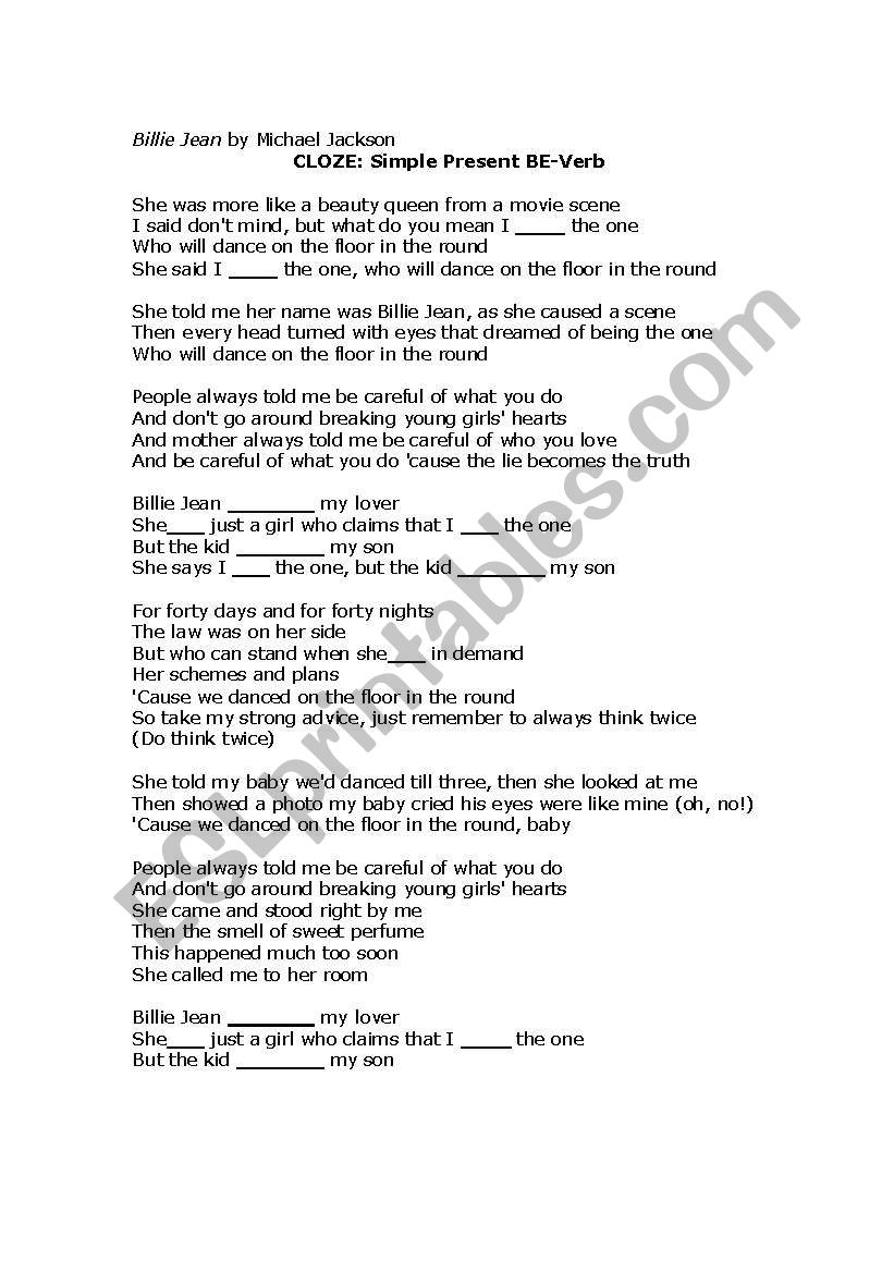 Billie Jean Cloze worksheet