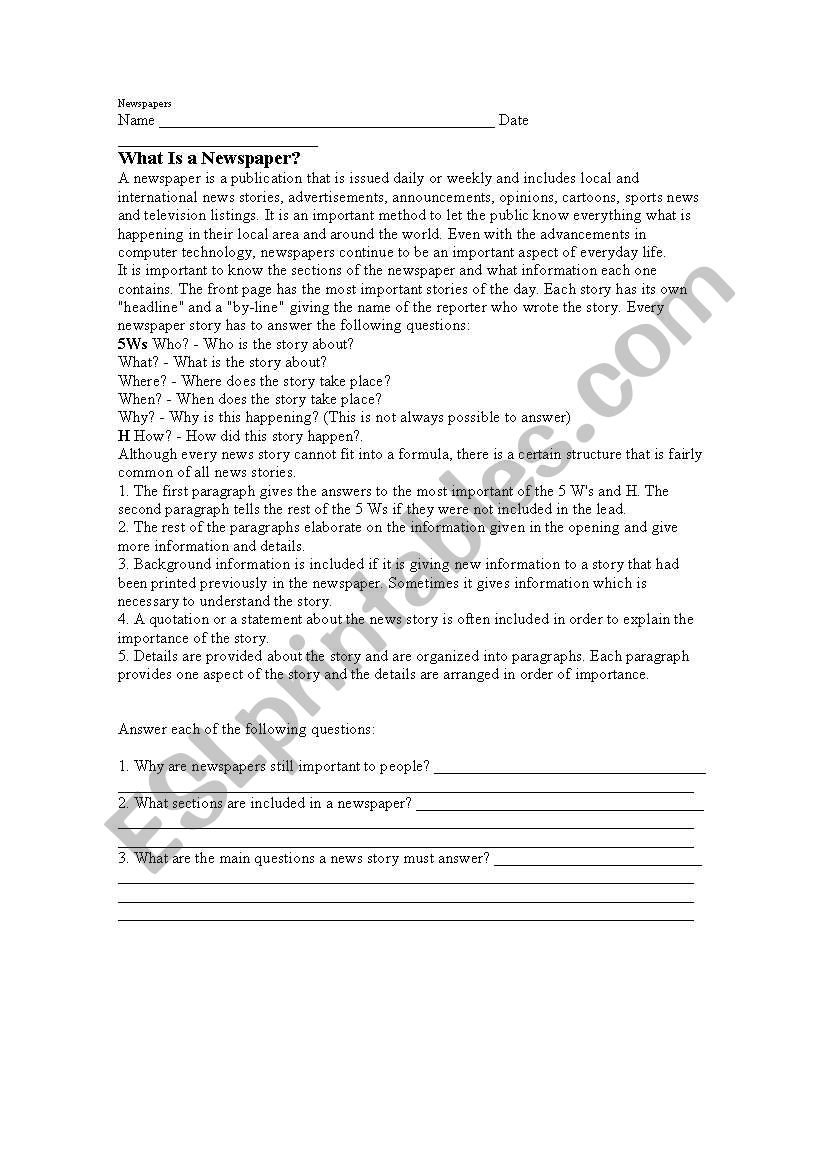 newspapers worksheet