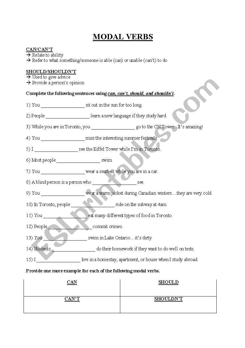 Modals (Can, Can´t, Should, Shouldn´t) - ESL worksheet by ledmison1