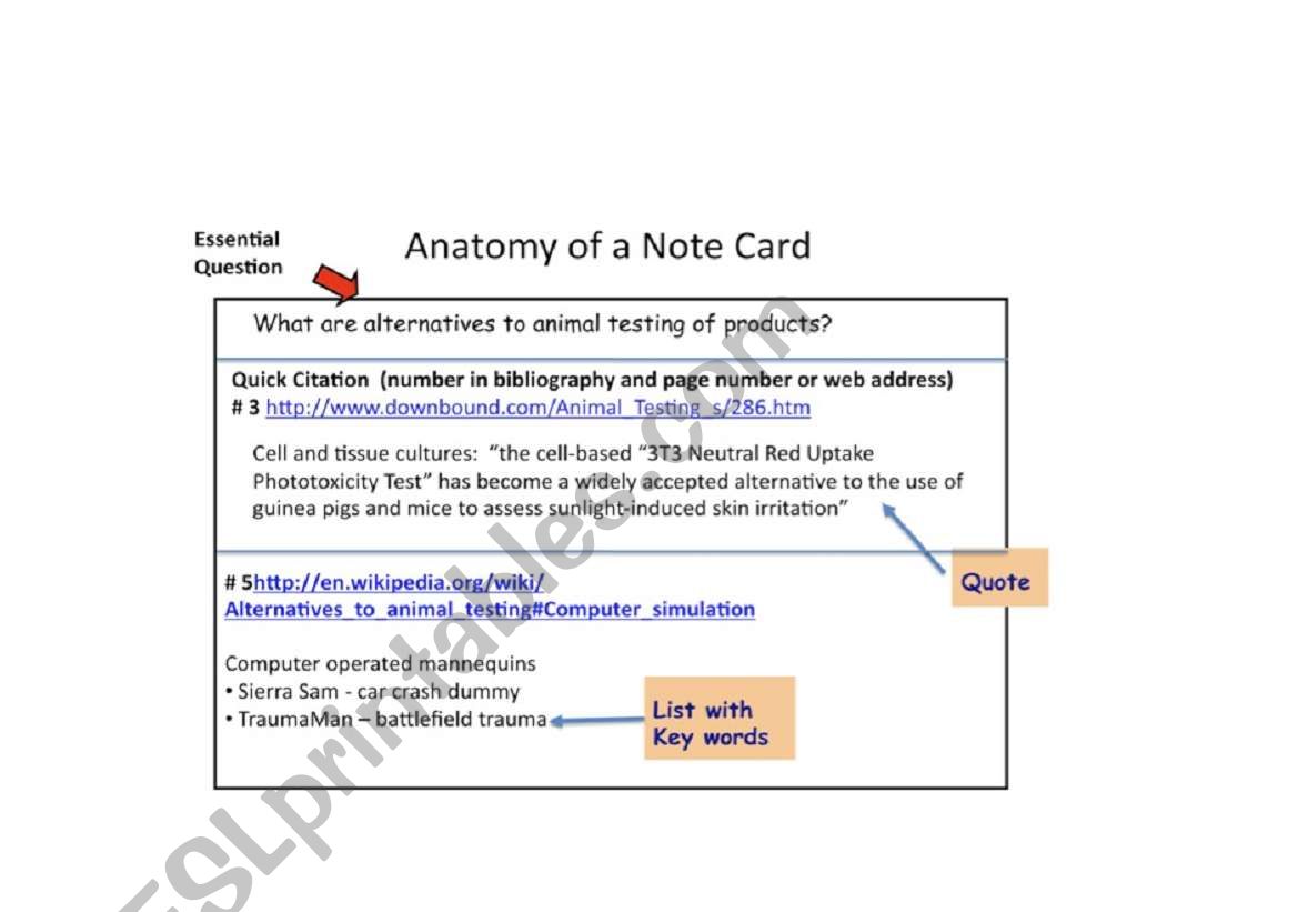 Anatomy of a Notecard worksheet