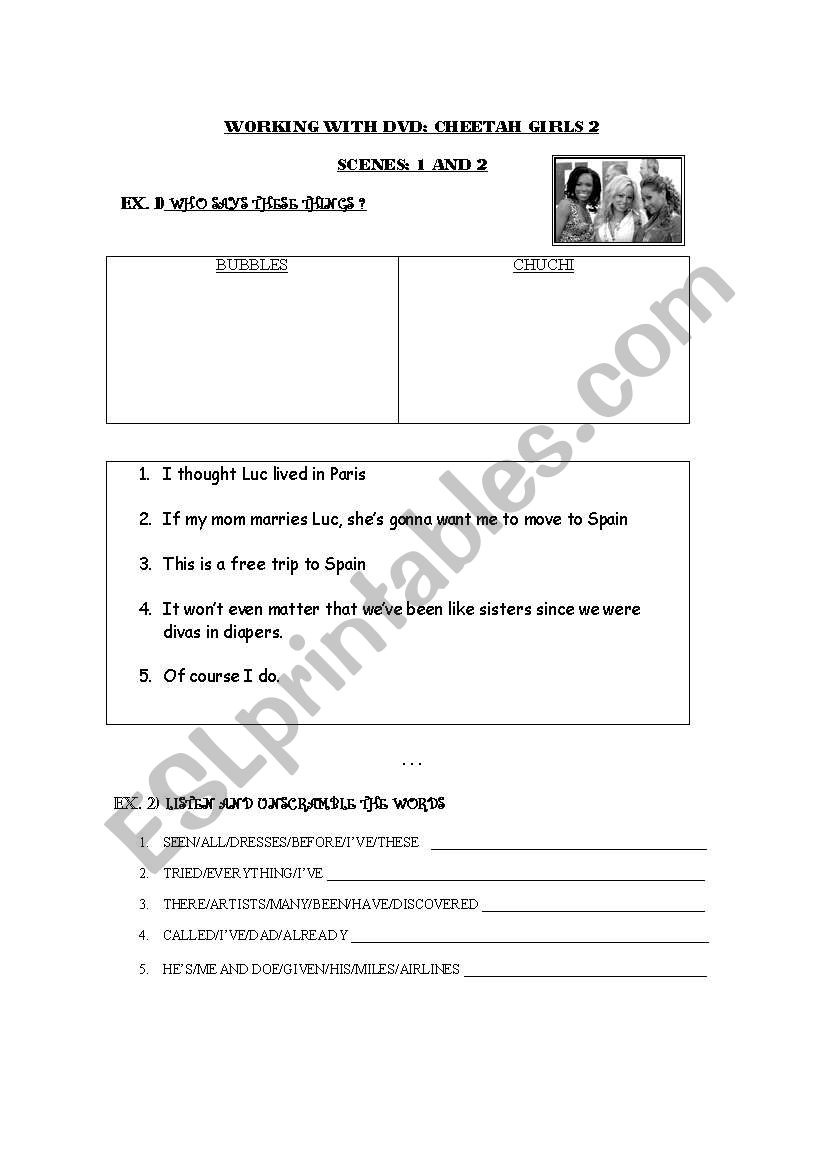 scenes 1 and 2 cheetah girls worksheet