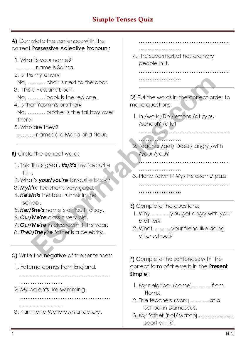 Simple Tenses Quiz worksheet