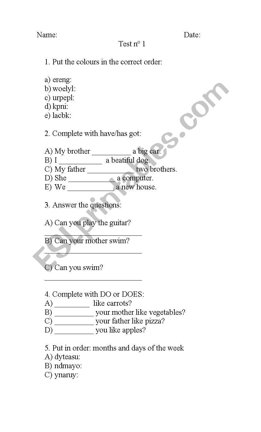 test worksheet