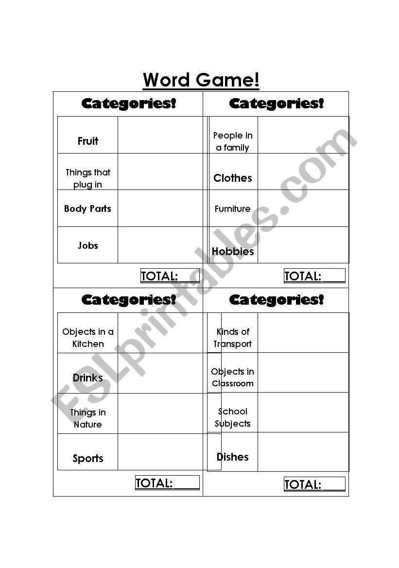 Adapted Scattegories Game worksheet