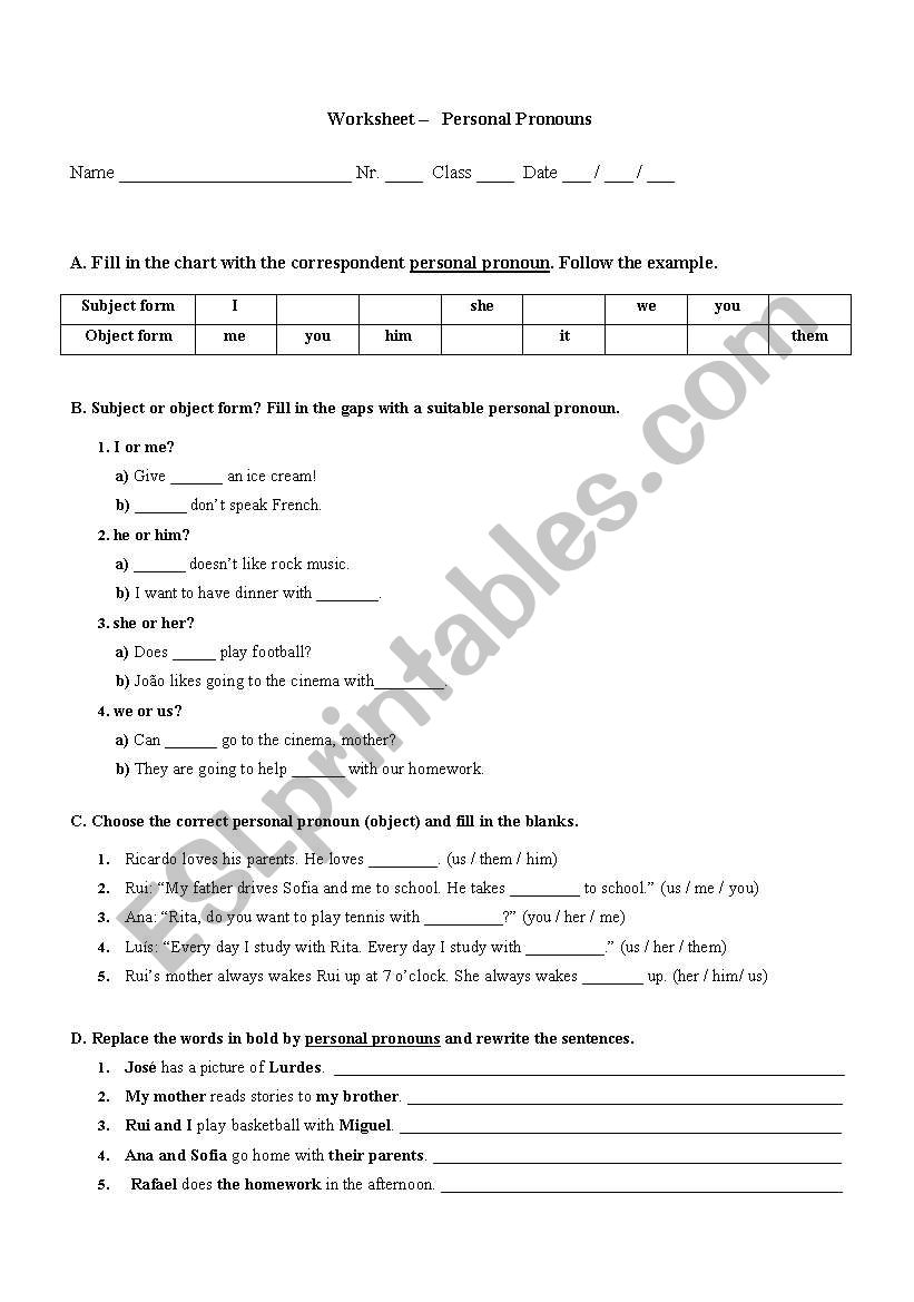 PERSONAL PRONOUNS worksheet