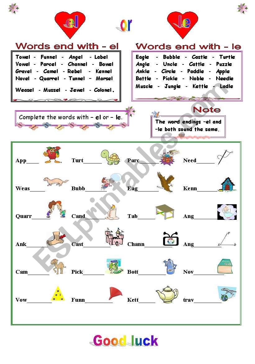 Words End With El Or Le ESL Worksheet By Totya F 