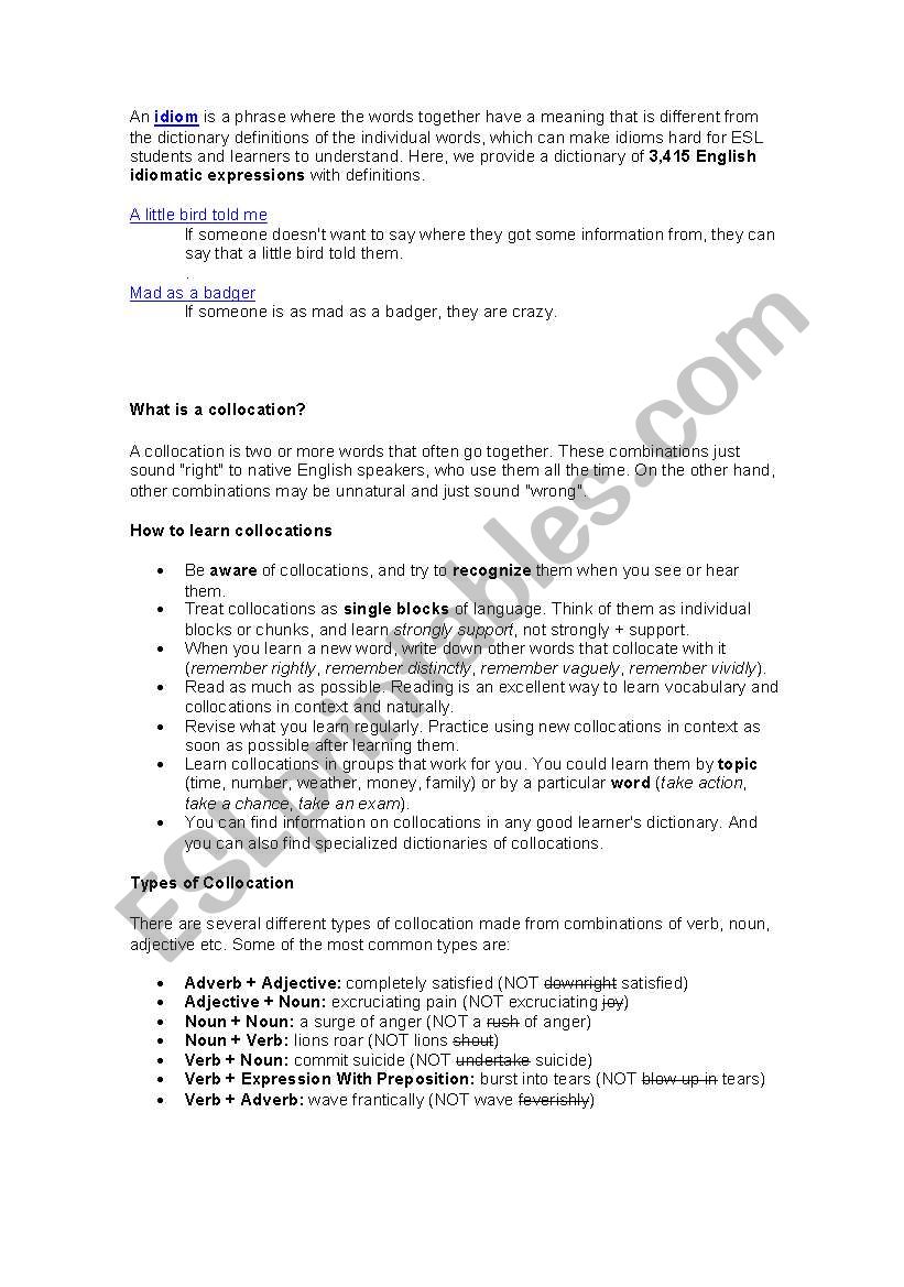 Collocations and Idioms worksheet