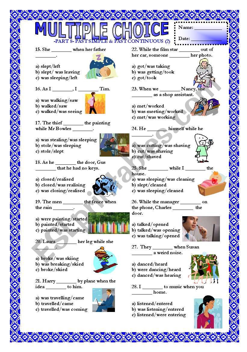 Multiple Choice Part 8 Past Simple Past Continuous 2 ESL 