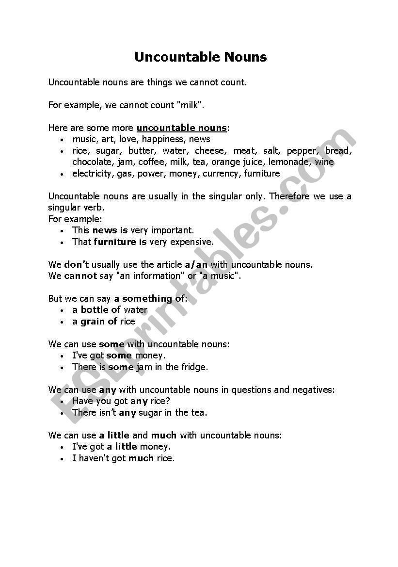 uncountable nouns worksheet