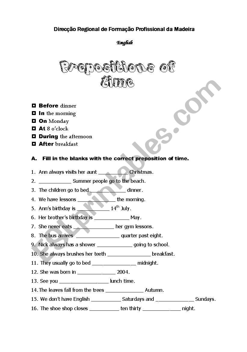 PREPOSTIONS OF TIME worksheet