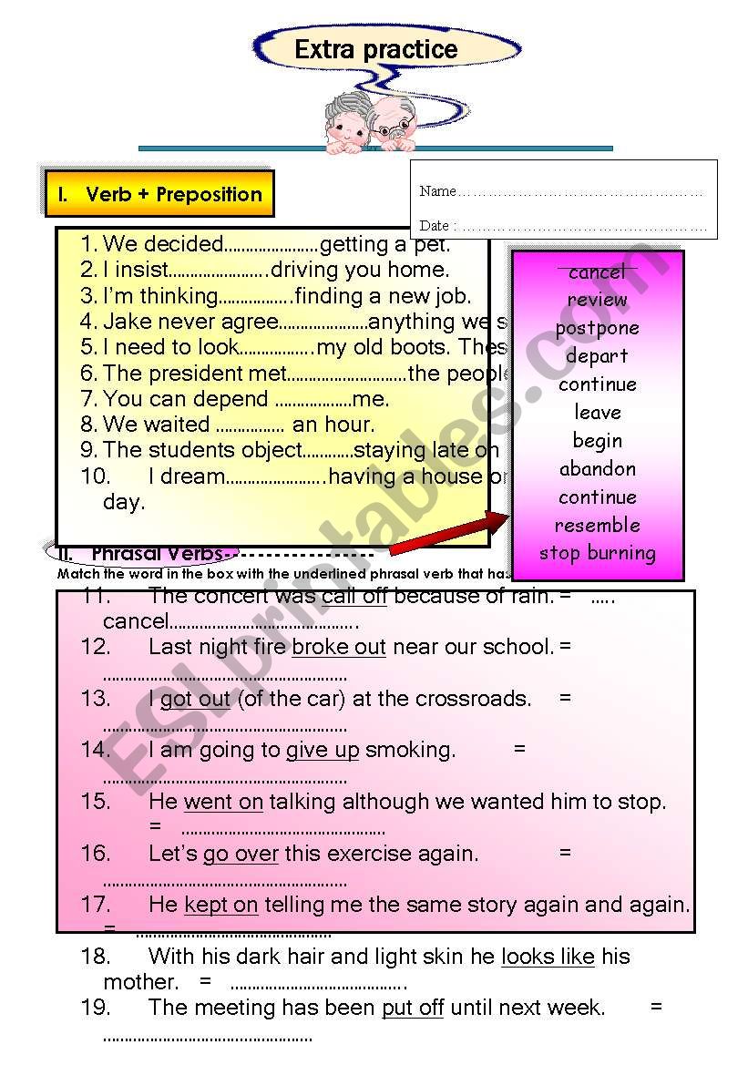 Verb Preposition Phrasal Verb Exercises