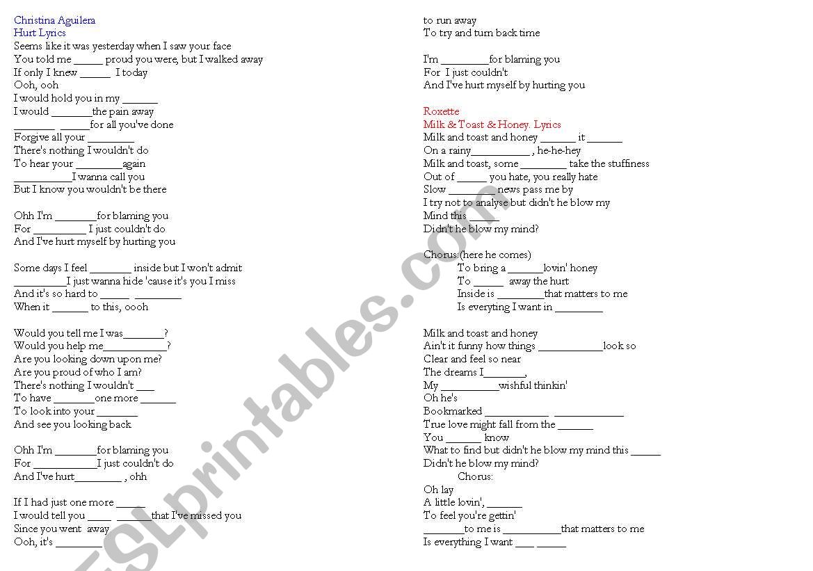 English Worksheets Song Lyrics