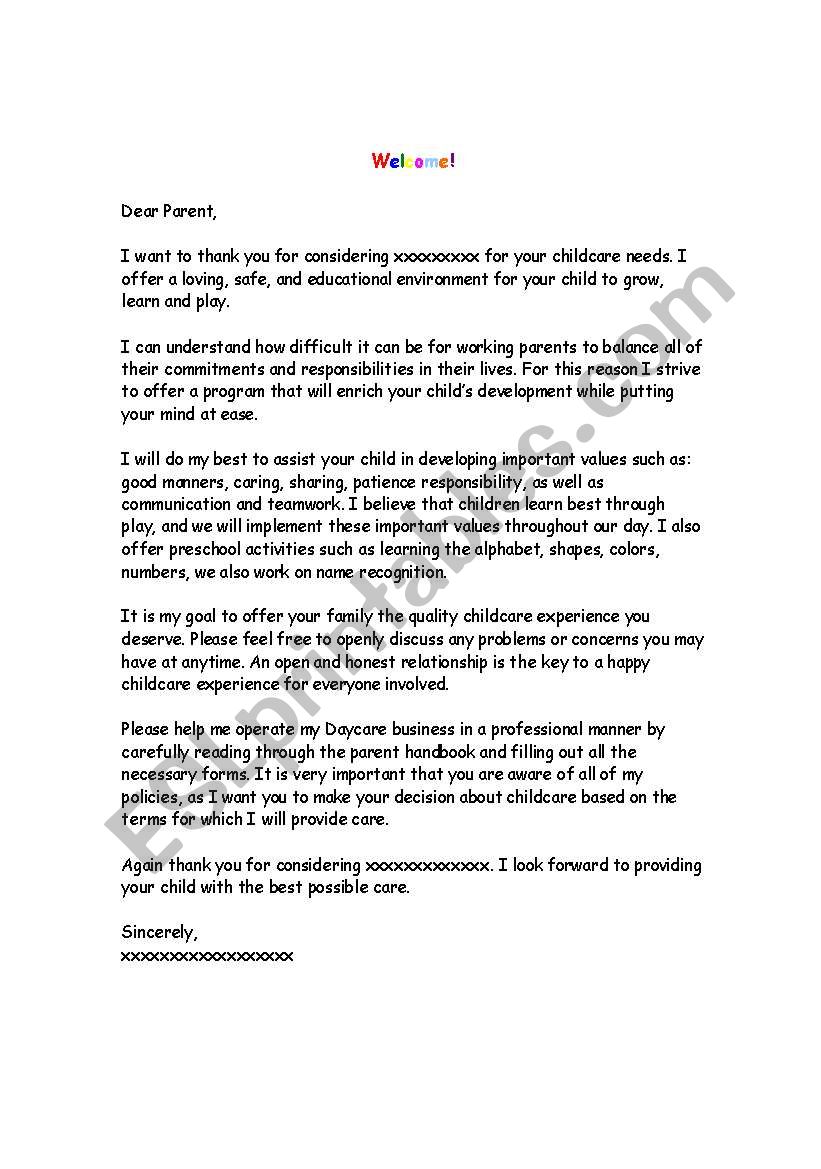 Welcome letter worksheet