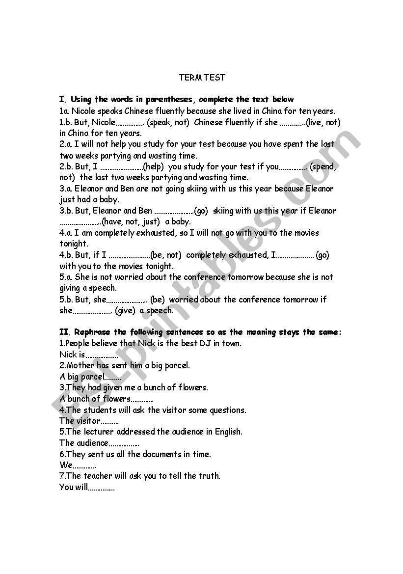 term test worksheet