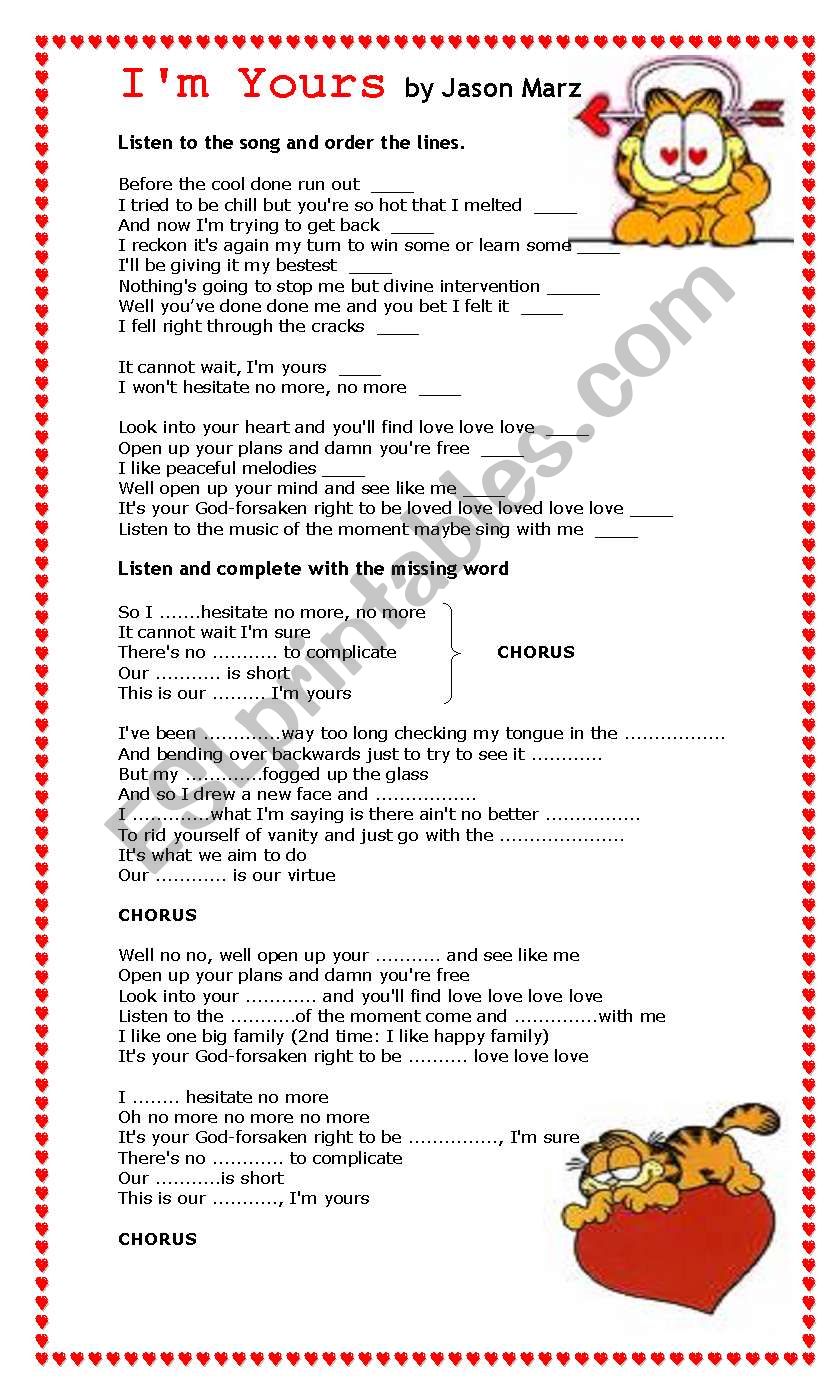 Song Worksheet: I'm Yours by Jason Mraz  Coordinate adjectives, Linking  verbs, Prepositional phrases