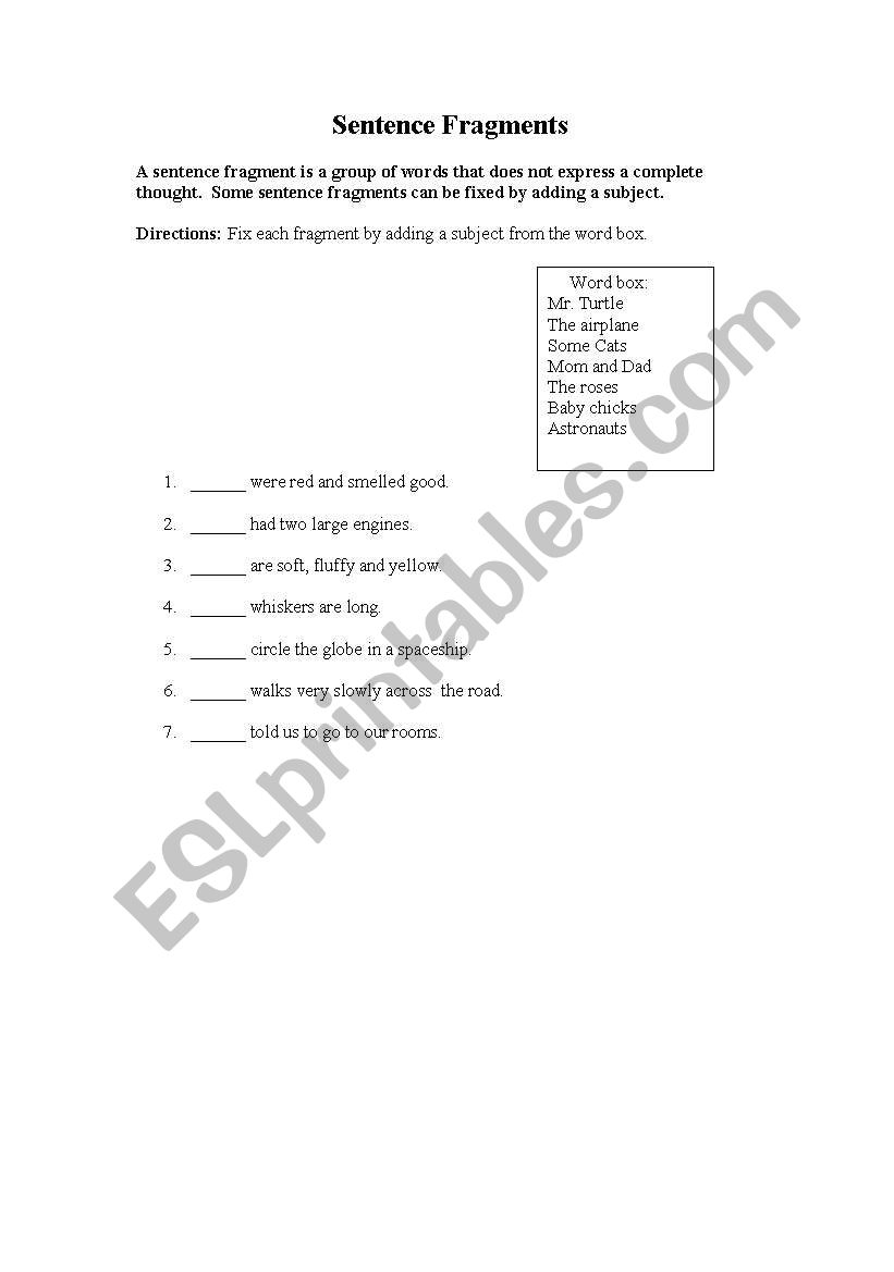 Sentence Fragments by adding a subject from the word box