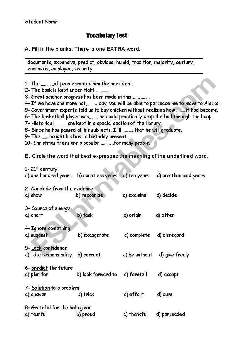 Vocabulary test worksheet