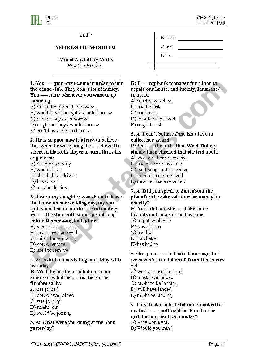 Modal Verb worksheet